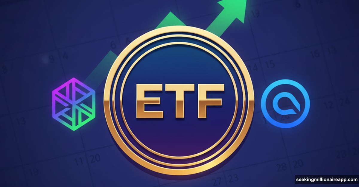 ETF approval stamp centered between Solana and Cardano cryptocurrency logos
