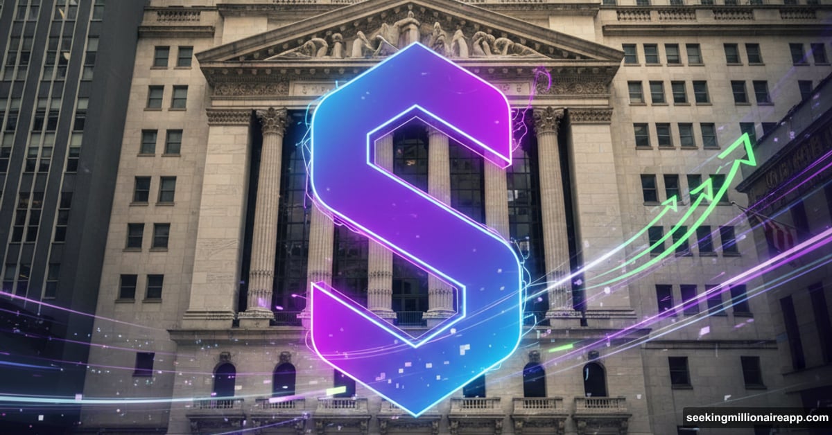 Solana logo prominently displayed overtaking Wall Street Stock Exchange building