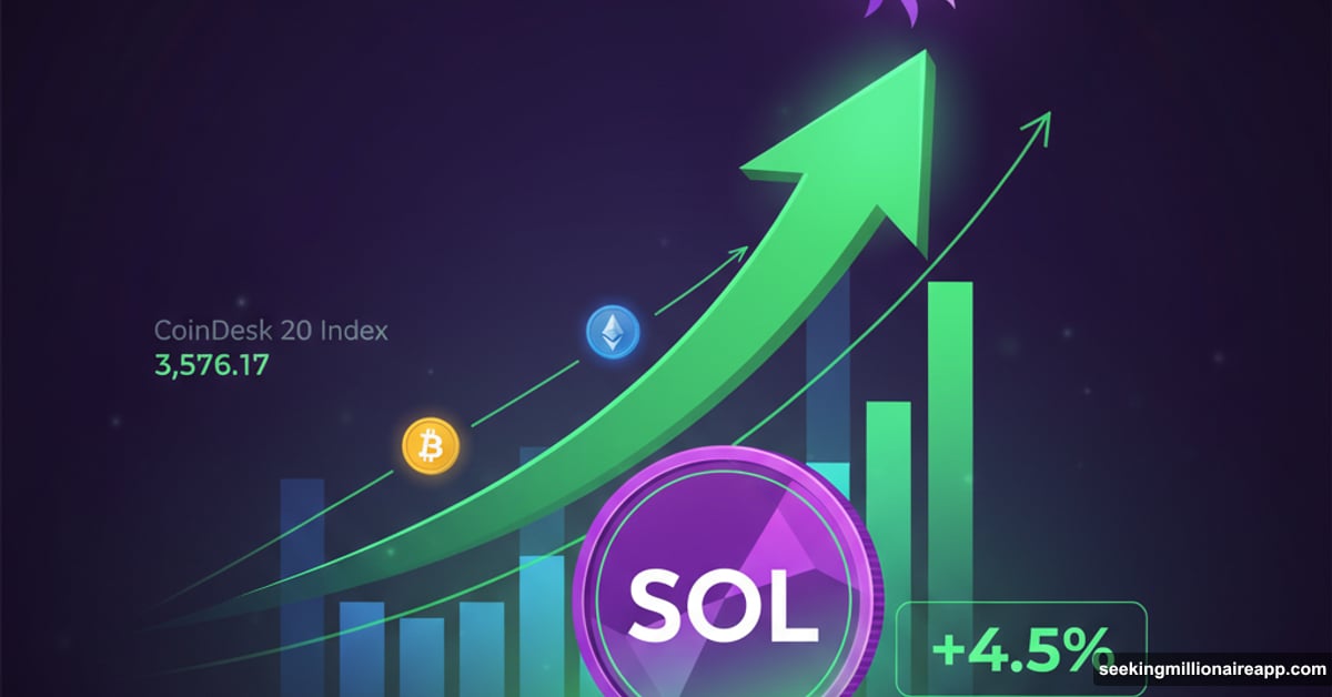 Solana cryptocurrency surging upward with rising market chart background