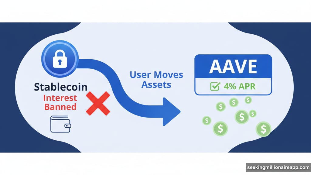 Users move stablecoins into yield-bearing protocols like AAVE for returns
