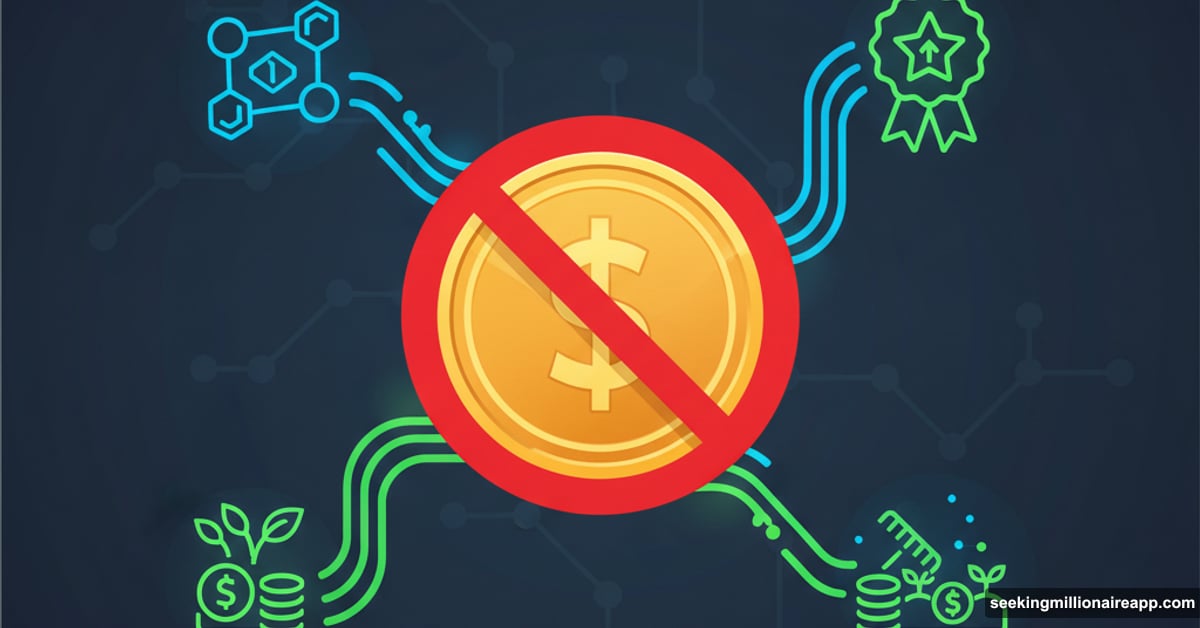 Stablecoin with interest ban symbol surrounded by glowing DeFi workaround pathways