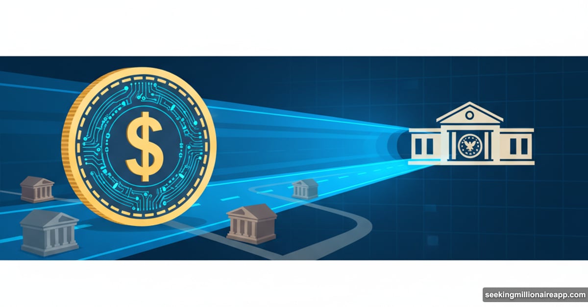 Stablecoin connected to Federal Reserve building via glowing express pathway