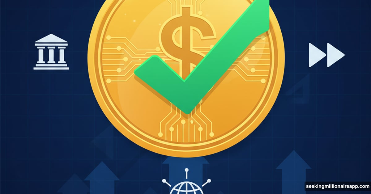Dollar stablecoin with green approval checkmark surrounded by banking symbols