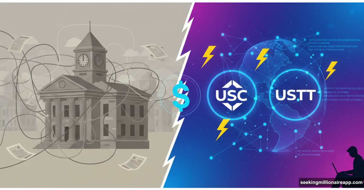 Traditional SWIFT banking system versus instant stablecoin cryptocurrency payments comparison