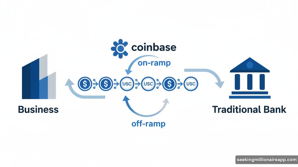 Coinbase operates as primary on-ramp and off-ramp for stablecoin activity