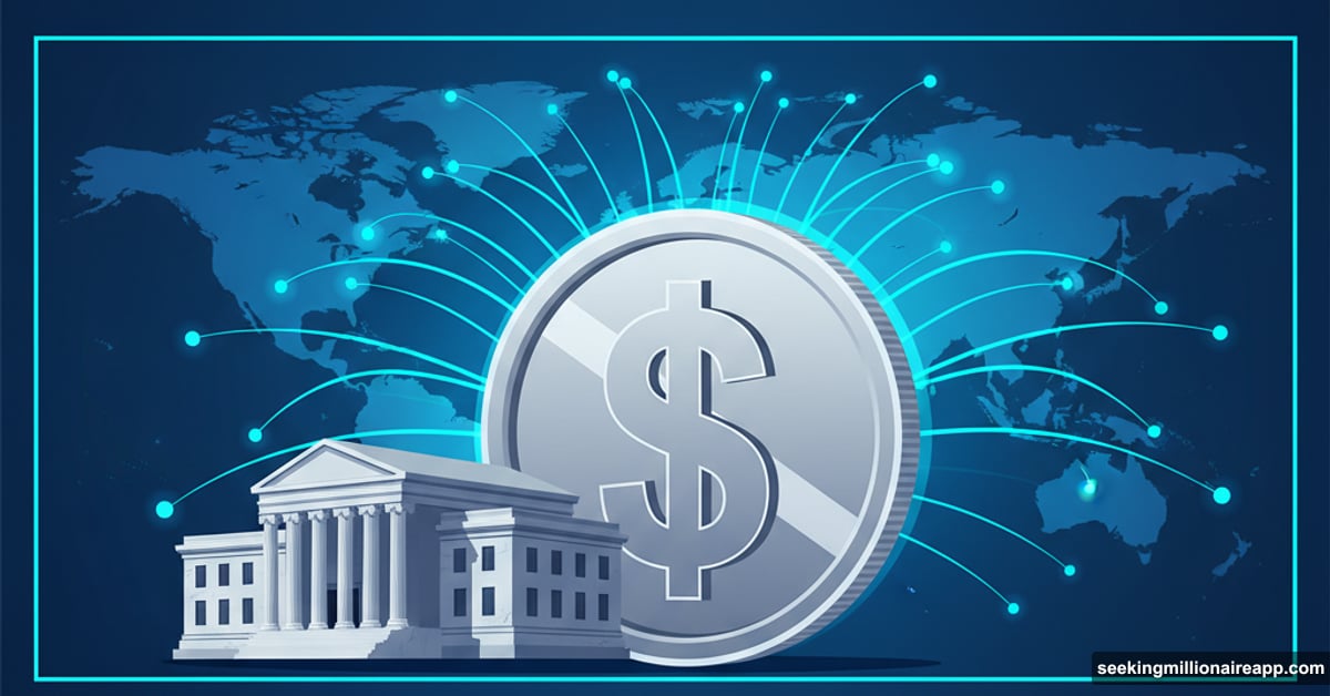 Dollar coin with digital networks extending to global markets