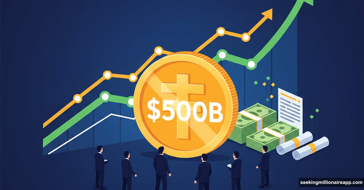 Tether coin symbol with $500 billion valuation and upward trending graph