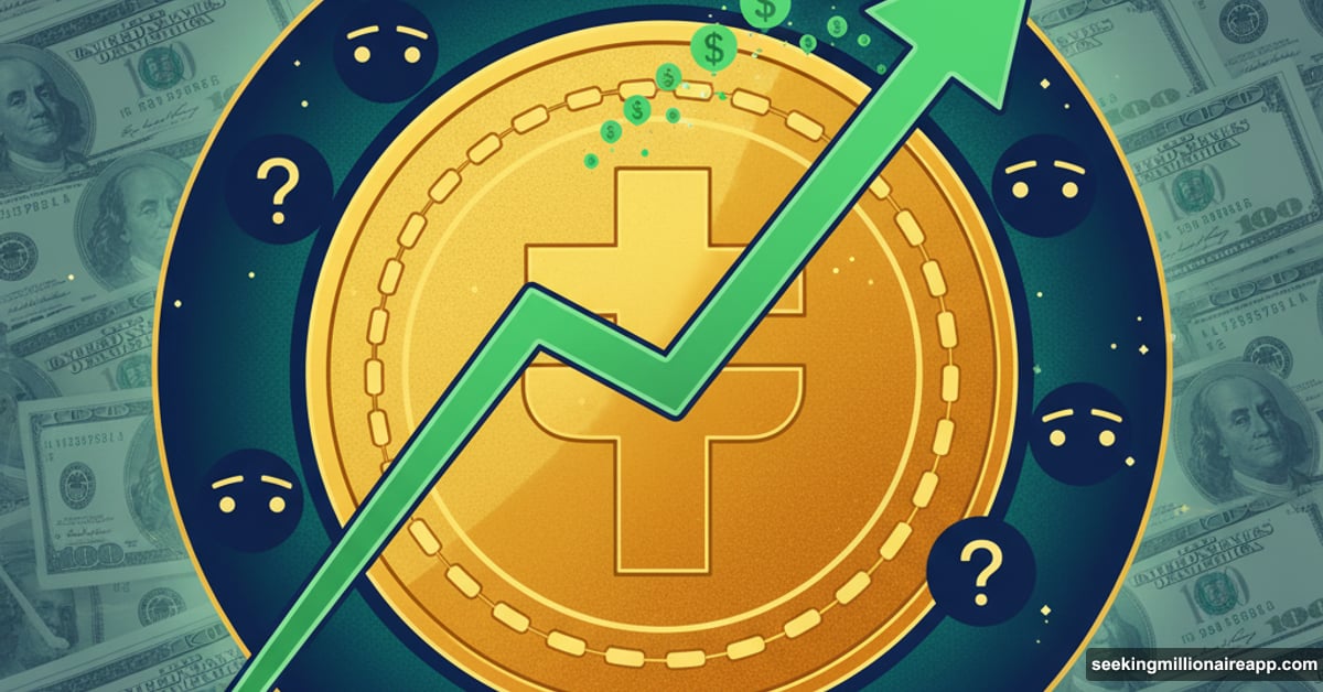 Tether USDT coin with profit arrow and question marks symbolizing skepticism