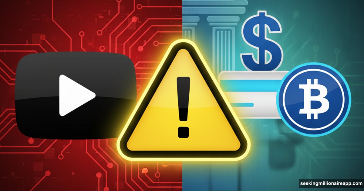 YouTube icon meets banking symbols with warning triangle overlay