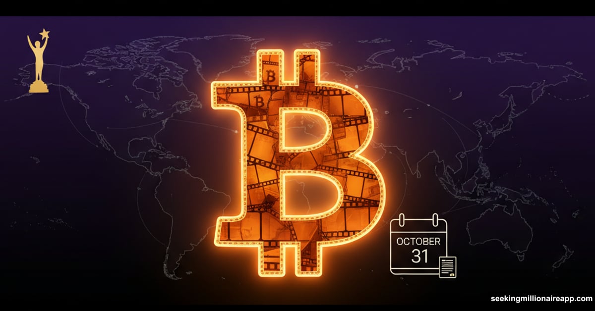 Bitcoin documentary film reel logo with October 31st release date