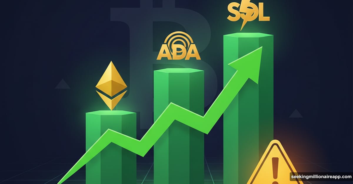 Three rising altcoin columns with upward arrow and warning sign