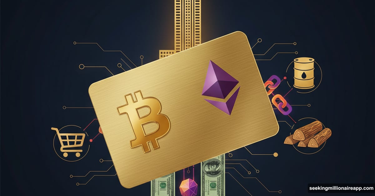 Trump crypto debit card with blockchain commodities and shopping symbols