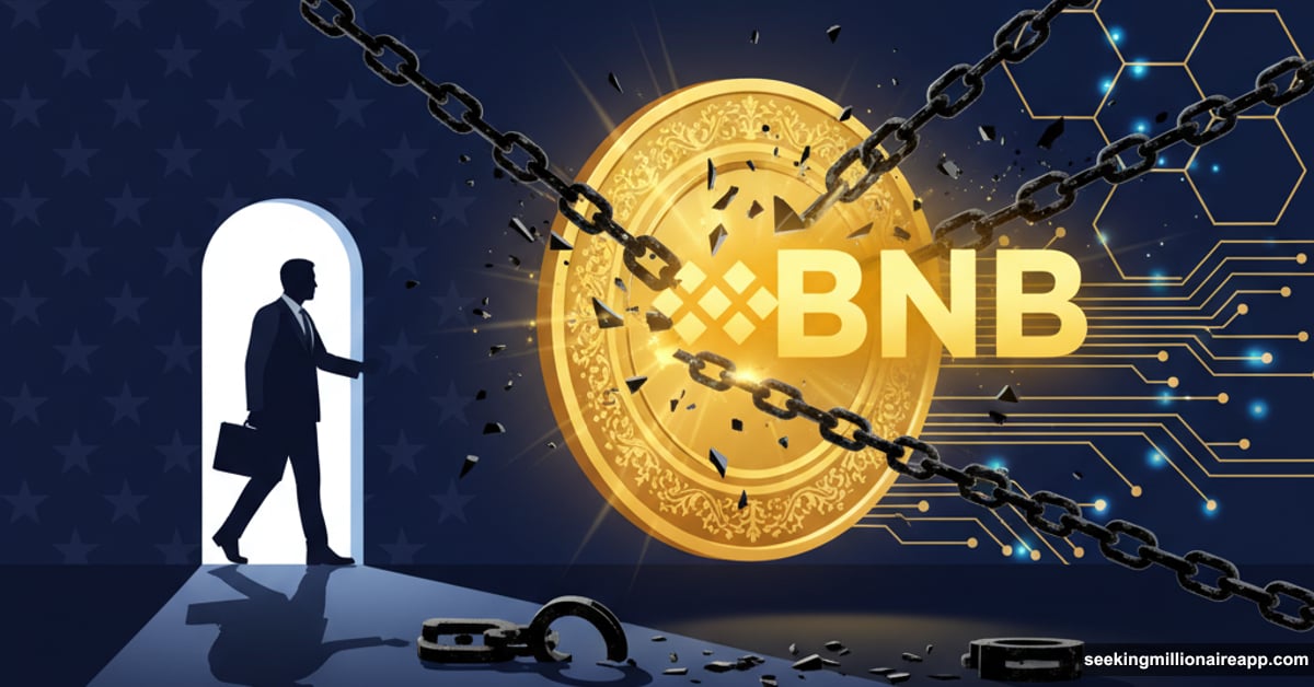 Presidential pardon seal breaking chains with Binance logo emerging into freedom
