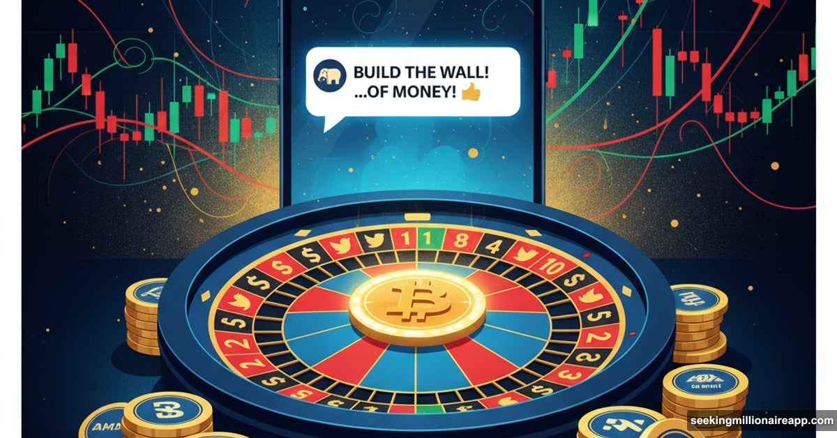 Bitcoin roulette wheel surrounded by Trump tweets and tech stock volatility