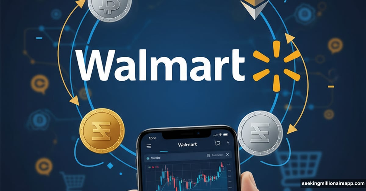 Walmart logo with Bitcoin and Ethereum symbols on smartphone screen