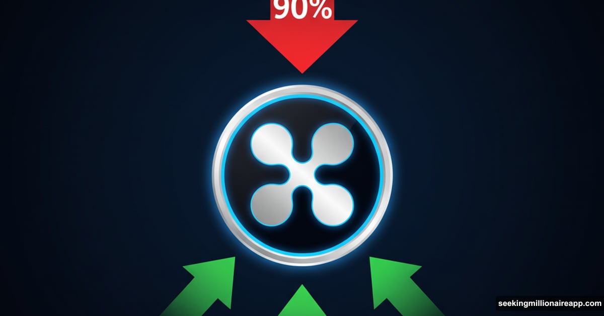 XRP coin with 90% down arrow from Coinbase, institutional demand arrows rising