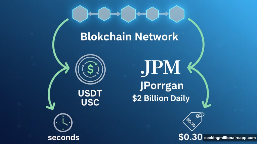 Stablecoins run on blockchain networks settling transactions in seconds