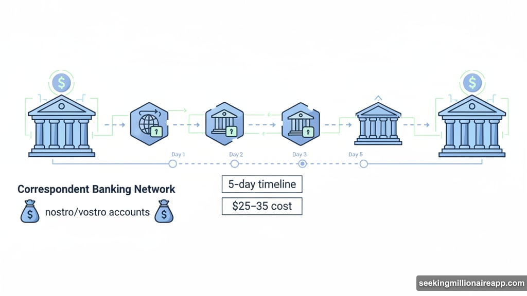 Traditional cross-border payments bounce through multiple intermediary banks taking cuts