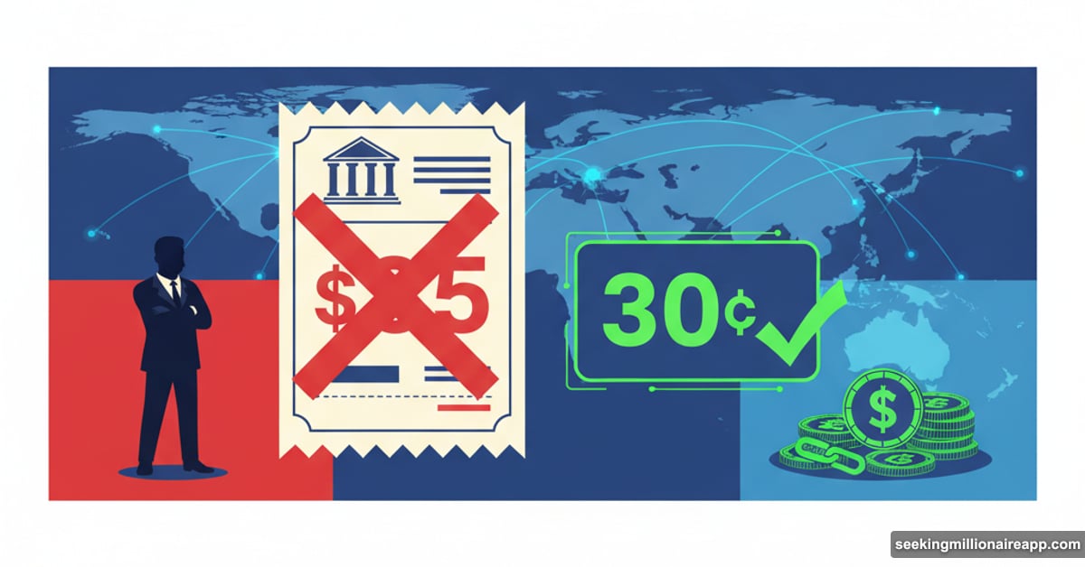Wire transfer cost comparison: $35 traditional banking versus 30 cents stablecoin