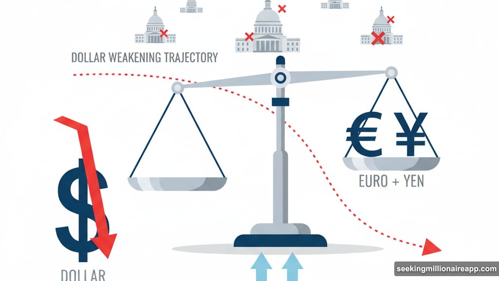 Dollar weakens as capital flows toward euros and yen