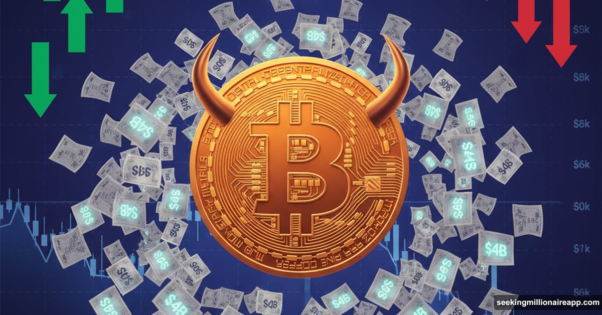 Bitcoin symbol with bull horns amid swirling options contracts and countdown clock