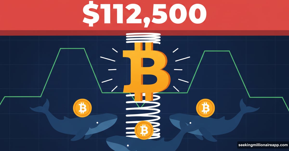Bitcoin coin pushing against price resistance ceiling with whales accumulating below