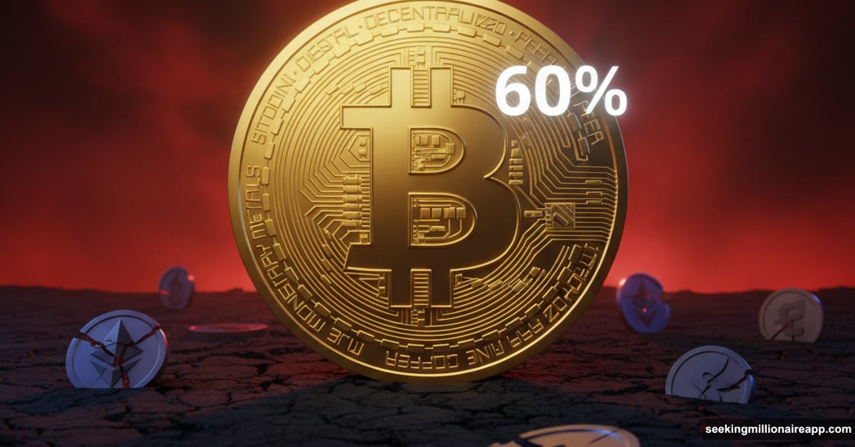 Bitcoin coin towering victoriously over crushed defeated altcoin tokens below