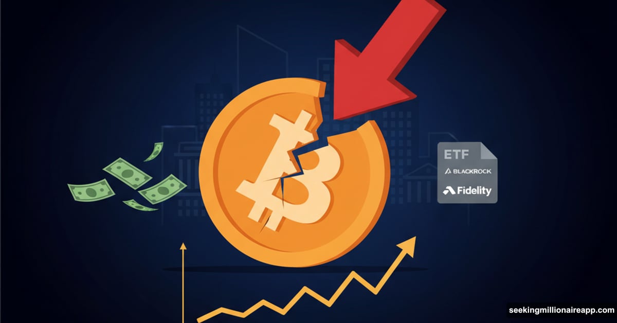 Cracked Bitcoin symbol with downward arrow showing institutional ETF outflows