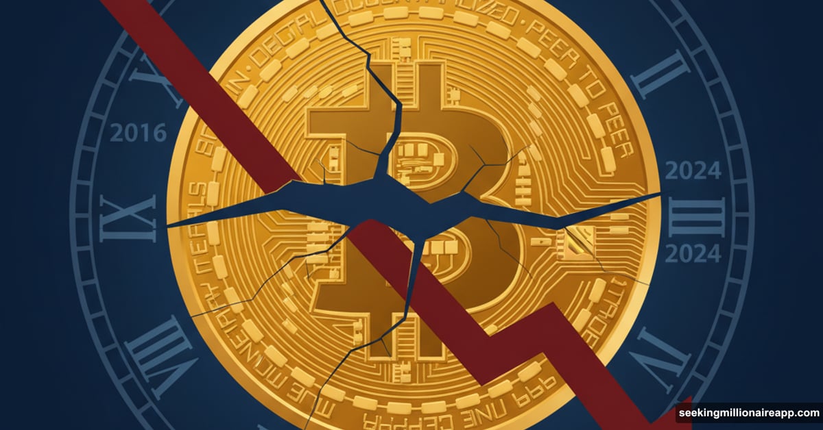 Cracked Bitcoin coin with fading clock symbolizing broken halving cycle pattern