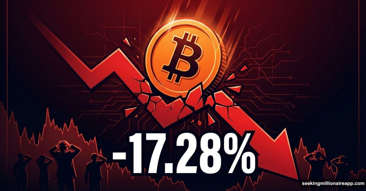 Bitcoin coin falling through red downward arrow showing 17.28% November decline