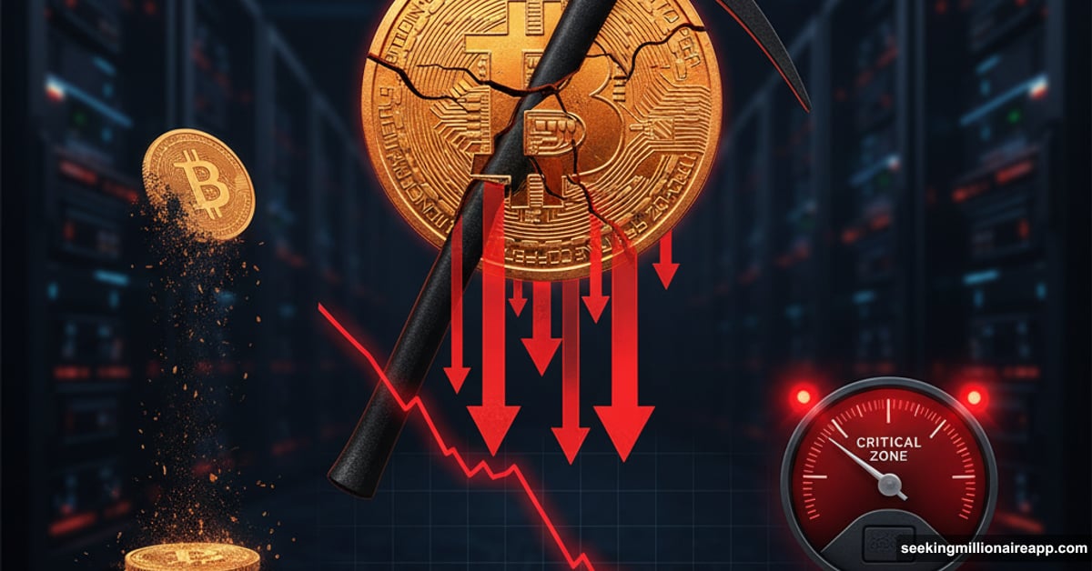 Bitcoin miners bleeding reserves with plummeting revenue charts and warning indicators