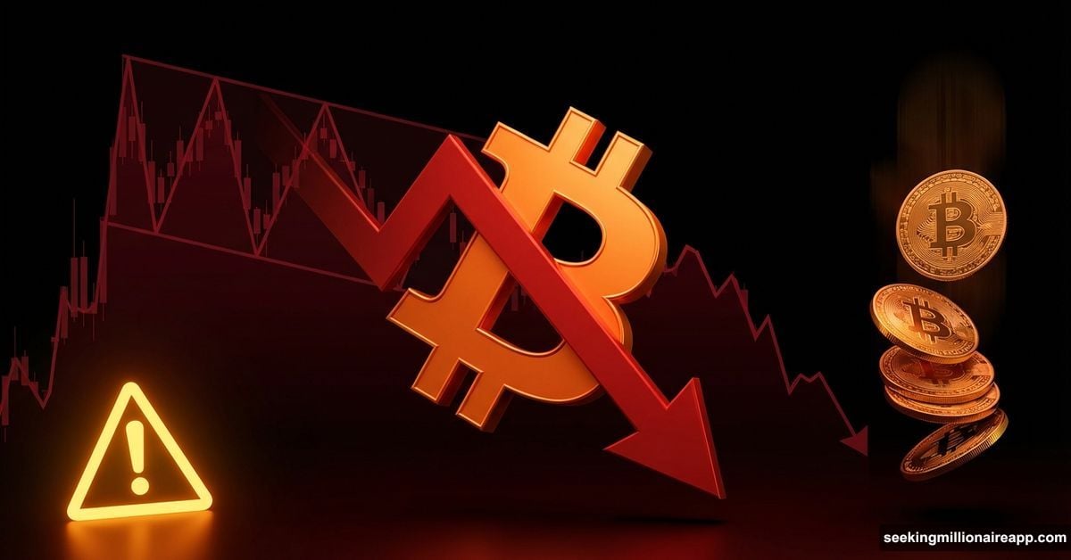 Bitcoin coin pierced by downward arrow with bear flag chart pattern