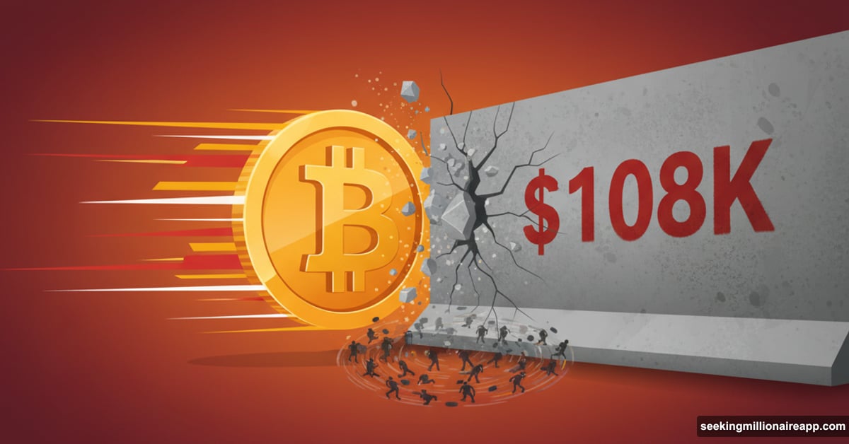 Bitcoin coin hitting concrete wall marked 108K with spinning traders