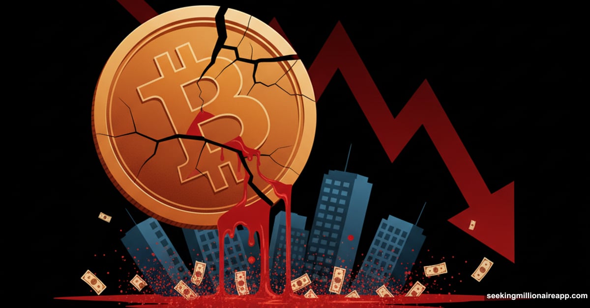 Bitcoin coin cracking and bleeding with corporate buildings sinking
