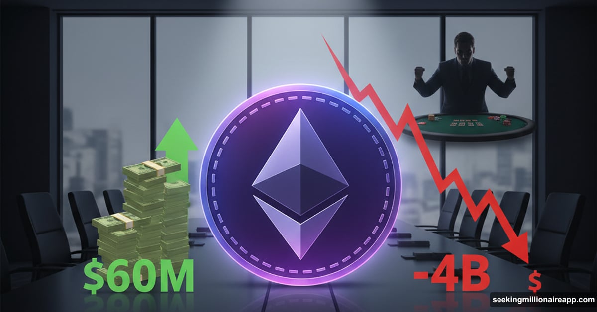 Ethereum coin between rising cash stack and falling loss chart