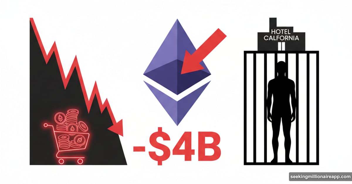 Ethereum logo pierced by downward arrow with $4 billion loss