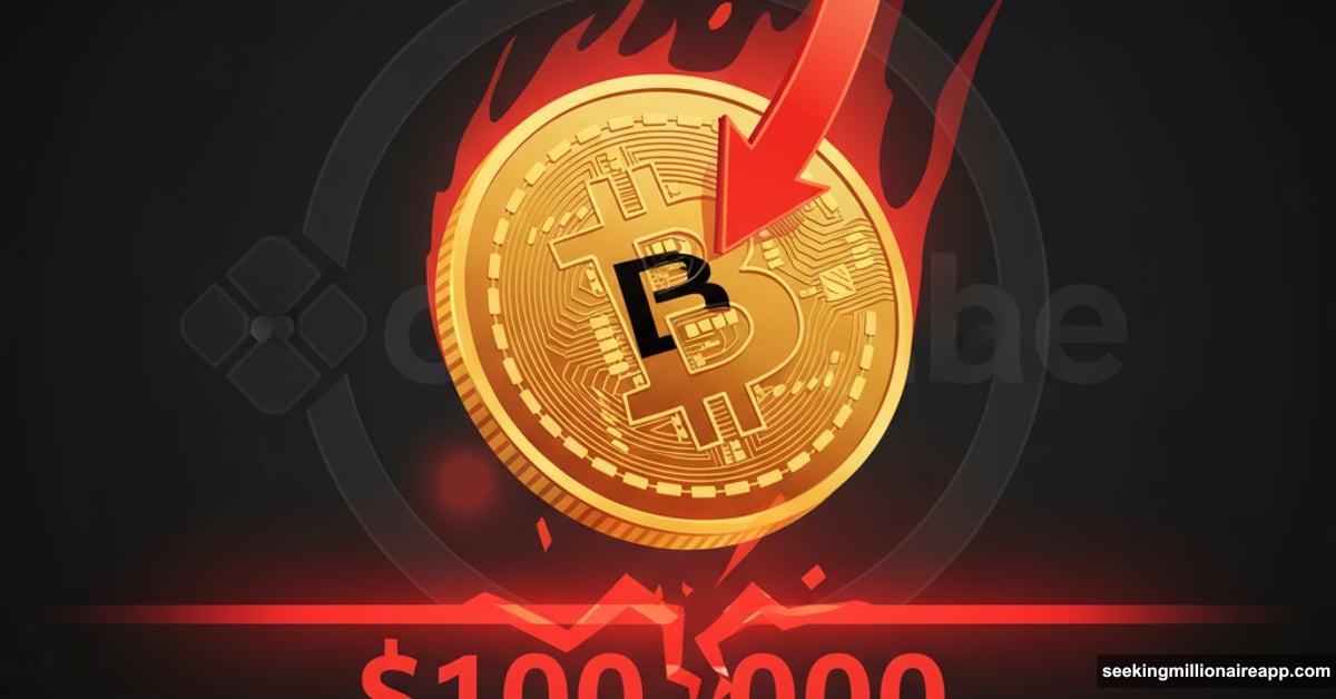 Bitcoin coin with BlackRock logo falling toward critical $100K support level