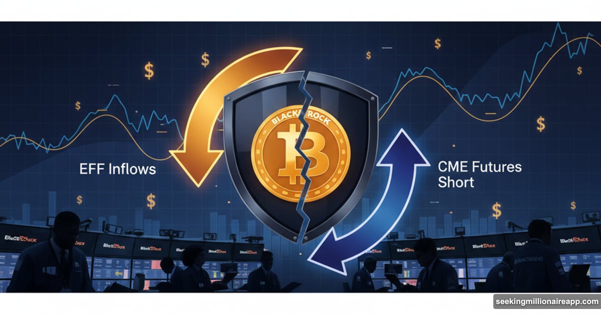 BlackRock Bitcoin ETF shield revealing hidden arbitrage loop mechanism
