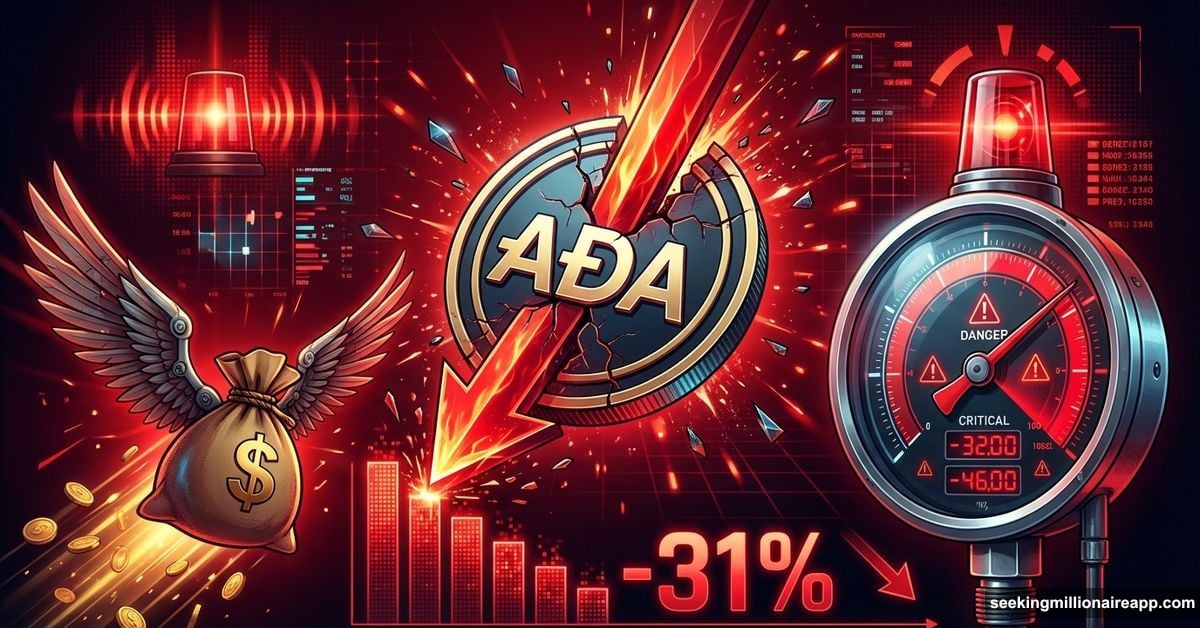 Cardano coin falling with red arrow, money fleeing, showing 31% price collapse
