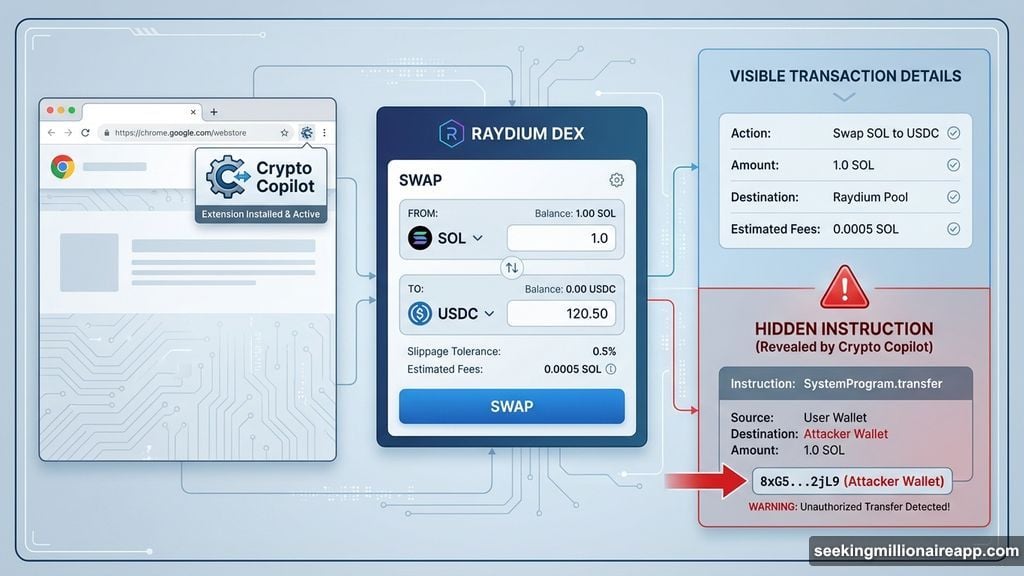 Extension injects hidden transfer fees into legitimate Raydium cryptocurrency transactions