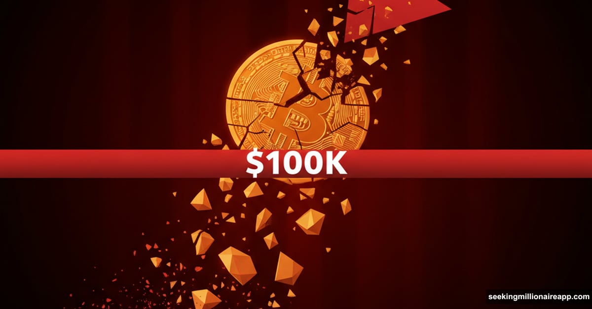 Bitcoin coin breaking through $100K barrier with dramatic downward trend
