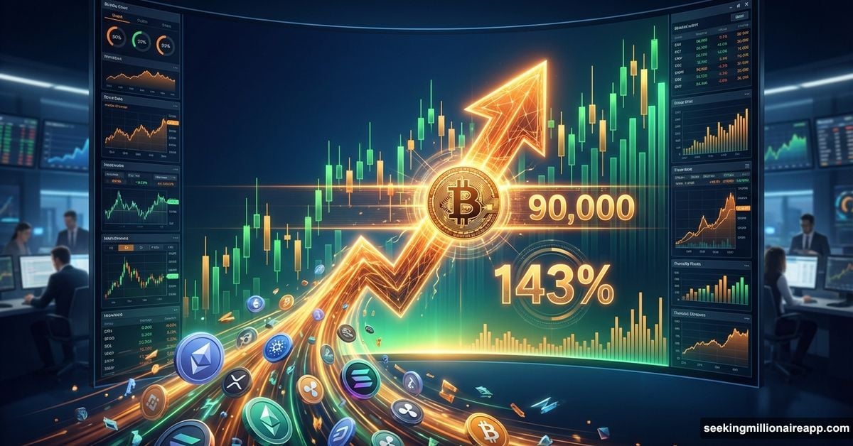 Bitcoin breaks $90K with explosive crypto market surge visualization