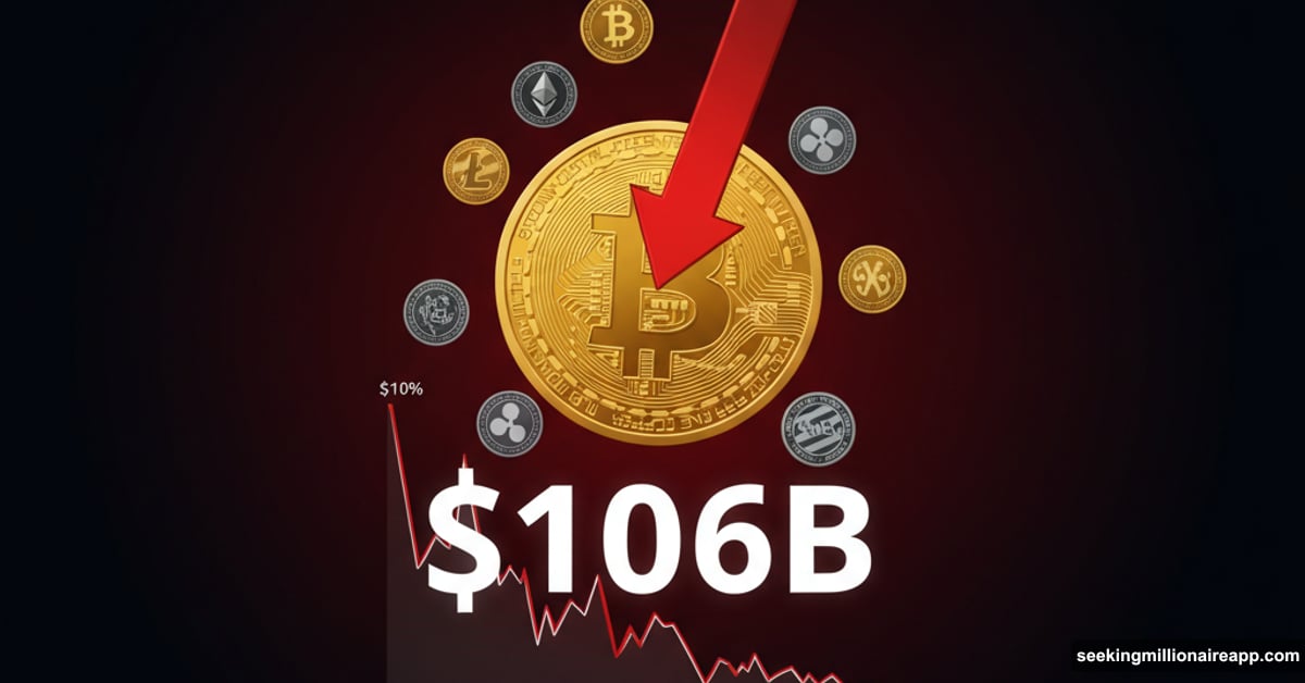 Bitcoin falling below $105K with red arrow, $106 billion market loss