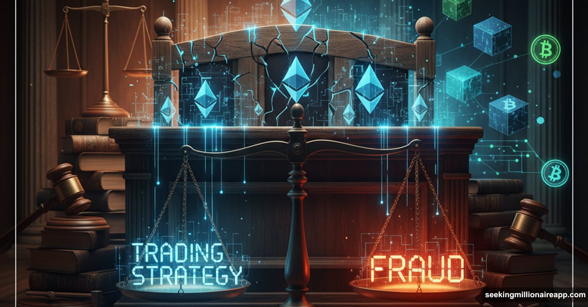 Cracked jury box with Ethereum symbols in divided courtroom setting
