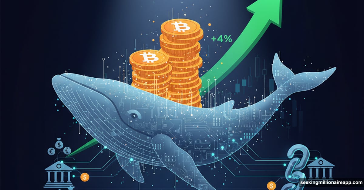 Crypto whale carrying Bitcoin upward with market surge arrows