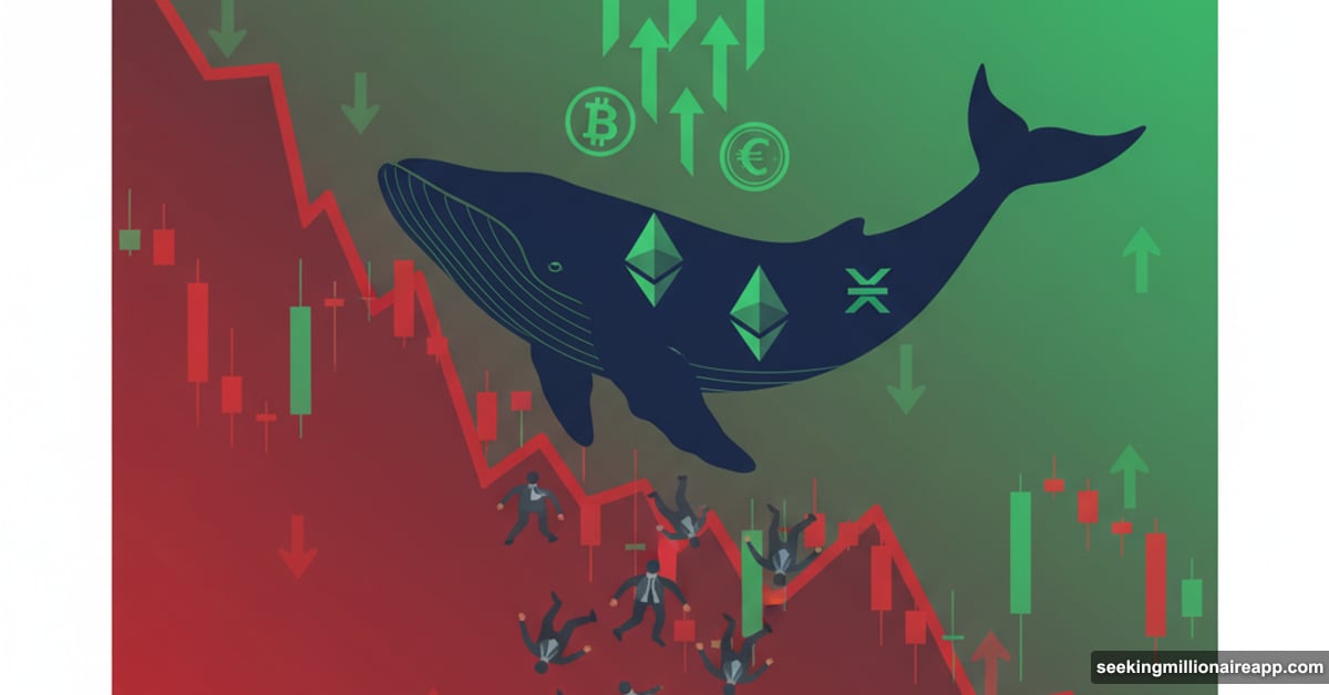 Crypto whale swimming upward against falling red market chart