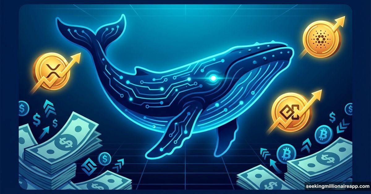 Crypto whale surrounded by XRP, Cardano, Ethena coins with upward arrows