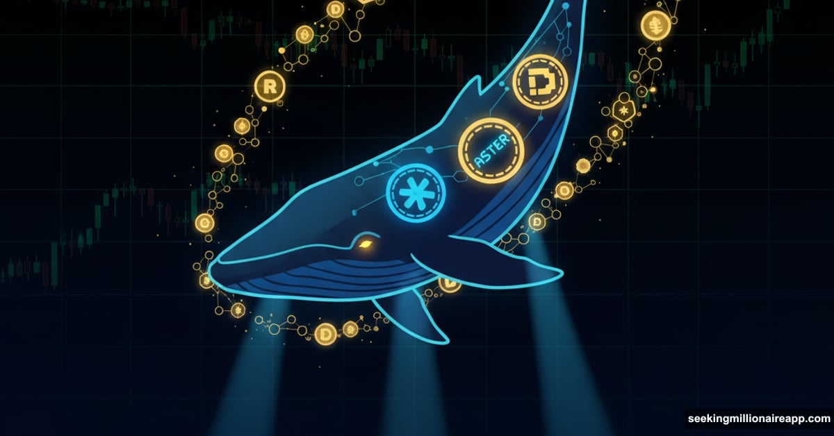 Crypto whale accumulating three token types with glowing coins