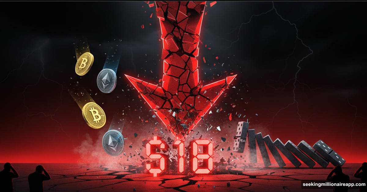 Massive red arrow crashing down with Bitcoin, representing billion-dollar crypto liquidations