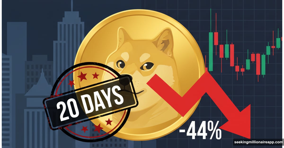 Dogecoin logo with ETF approval countdown amid sharp price decline